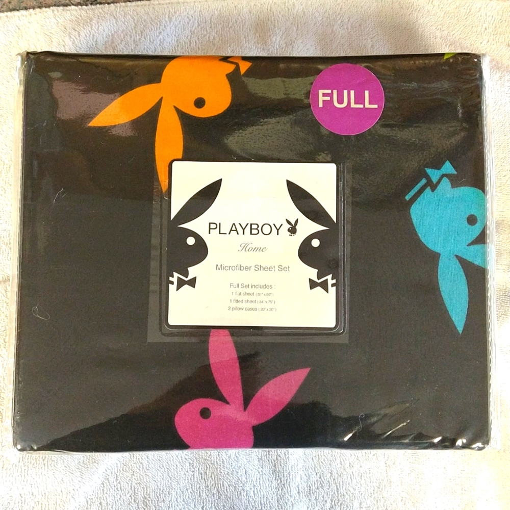 PLAYBOY Black Microfiber Sheet Set with Pink, Orange, Teal Bunny Print